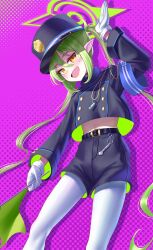 Rule 34 | 1girl, absurdres, black hat, black shirt, black shorts, blue archive, blush, earrings, fang, feet out of frame, gloves, green hair, green halo, halo, hat, highres, jewelry, long hair, long sleeves, manjo (warito), nozomi (blue archive), open mouth, pantyhose, peaked cap, pointy ears, shirt, shorts, smile, solo, white gloves, white pantyhose, yellow eyes