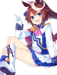 Rule 34 | 1girl, :d, absurdres, animal ears, ascot, blue eyes, blush, boots, brown hair, commentary request, epaulettes, gloves, hair between eyes, hair ribbon, highres, horse ears, index finger raised, j young, jacket, knee boots, long hair, long sleeves, multicolored hair, open mouth, pink ascot, pink ribbon, pleated skirt, ribbon, round teeth, shoe soles, simple background, skirt, smile, solo, streaked hair, teeth, tokai teio (umamusume), umamusume, upper teeth only, very long hair, white background, white footwear, white gloves, white hair, white jacket, white skirt