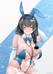 Rule 34 | 1girl, animal ears, arm behind head, blue bow, blue bowtie, blue leotard, blush, bow, bowtie, breasts, brown hair, cleavage, closed eyes, detached collar, elbow gloves, fake animal ears, gloves, goddess of victory: nikke, grin, id card, large breasts, leotard, long hair, mary (medical rabbit) (nikke), mary (nikke), multicolored hair, official alternate costume, playboy bunny, rabbit ears, rlayuta, see-through, see-through leotard, smile, solo, strapless, strapless leotard, streaked hair, thighhighs, white gloves, white thighhighs