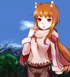 Rule 34 | 1girl, animal ears, blue bow, blue sky, bow, brown hair, capelet, day, floating hair, fur-trimmed sweater, fur trim, hair bow, holo, long hair, mayumura basako, open mouth, outdoors, pink capelet, pink sweater, ponytail, red eyes, sidelocks, sky, solo, spice and wolf, standing, steam, sweater, very long hair, wolf ears