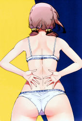 Rule 34 | 1girl, arms behind back, ass, back, backboob, bare arms, bare legs, bikini, blue bikini, breasts, brown hair, cowboy shot, facing away, from behind, gimp (medium), halterneck, harukana receive, highres, legs apart, low twintails, medium hair, nyoijizai, official art, oozora haruka (harukana receive), open hands, scan, shoulder blades, skindentation, solo, standing, swimsuit, thighs, trefoil, twintails