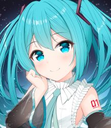 Rule 34 | 1girl, absurdres, armpit crease, black sleeves, blue eyes, blue hair, blue necktie, closed mouth, collared shirt, detached sleeves, frilled shirt, frills, hair between eyes, hand on own cheek, hand on own face, hatsune miku, hatsune miku happy 16th birthday -dear creators-, highres, long hair, long sleeves, looking at viewer, mikoo o39, necktie, number tattoo, see-through, see-through sleeves, shirt, sidelocks, sleeveless, sleeveless shirt, smile, solo, tattoo, twintails, upper body, very long hair, vocaloid, white shirt
