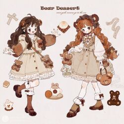 Rule 34 | 2girls, :o, ahoge, animal bag, animal ears, ankle cuffs, bag, bear bag, bear ears, bell, belt buckle, blush stickers, bow, bow legwear, braid, brown bag, brown bow, brown dress, brown eyes, brown eyeshadow, brown footwear, brown hair, brown hairband, brown hoodie, brown ribbon, brown socks, buckle, buttons, clothes lift, collared dress, collared shirt, commentary, cookie, cup, dress, dress lift, english commentary, english text, food, frilled dress, frilled hairband, frilled sleeves, frills, full body, hair bell, hair bow, hair ornament, hairband, handbag, highres, holding, holding bag, hood, hoodie, ice cream, ice cream sandwich, kneehighs, lace-trimmed sleeves, lace trim, layered sleeves, leg up, lifting own clothes, lofter logo, lofter username, lolita fashion, lolita hairband, long sleeves, looking at viewer, low twin braids, mary janes, multiple braids, multiple girls, neck ribbon, orange hair, orange nails, original, outstretched arms, plaid collar, plate, pom pom (clothes), puffy long sleeves, puffy sleeves, putong xiao gou, rabbit, red lips, ribbon, ribbon trim, shirt, shoes, short dress, shoulder bag, sidelocks, sleeveless, sleeveless dress, smile, socks, stuffed animal, stuffed toy, sweater, teacup, teapot, teddy bear, turtleneck, turtleneck sweater, twin braids, two-tone sleeves, wavy hair, white background, white bow, white ribbon, white shirt, zipper, zipper pull tab
