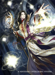 Rule 34 | 1boy, arch, black hair, book, cathedral, company name, fire emblem, fire emblem: radiant dawn, fire emblem cipher, grey eyes, holding, holding staff, indoors, long hair, low-tied long hair, magic, male focus, nintendo, official art, open book, outstretched hand, robe, sephiran, solo, staff, very long hair, watermark, white robe