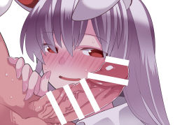 Rule 34 | 1girl, animal ears, backlighting, bar censor, blush, censored, erection, fingernails, hair between eyes, hammer (sunset beach), long hair, open mouth, paid reward available, penis, portrait, purple hair, rabbit ears, red eyes, reisen udongein inaba, simple background, solo focus, touhou, white background
