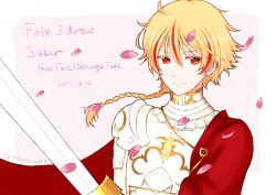 Rule 34 | 1boy, armor, blonde hair, braid, cape, fate/strange fake, fate (series), male focus, multicolored hair, red cape, red eyes, richard i (fate), srnk, sword, weapon