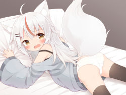 Rule 34 | 1girl, animal ear fluff, animal ears, ass, ayanepuna, bare shoulders, bed sheet, blush, brown eyes, brown thighhighs, commentary request, fang, fox ears, fox girl, fox tail, grey background, grey shirt, highres, kamiko kana, long hair, long sleeves, looking at viewer, looking to the side, lying, multicolored hair, no pants, off shoulder, on stomach, open mouth, panties, pillow, red hair, shirt, simple background, solo, streaked hair, tail, tears, thighhighs, tsunderia, underwear, very long hair, virtual youtuber, wavy mouth, white hair, white panties, wide sleeves