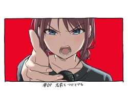 Rule 34 | 1girl, black shirt, blue eyes, blush, border, brown hair, collarbone, girls band cry, highres, iseri nina, looking at viewer, open mouth, outstretched arm, portrait, reaching, reaching towards viewer, shirt, short hair, short twintails, sidelocks, solo, straight-on, sweat, teeth, teshima nari, translation request, twintails, v-shaped eyebrows