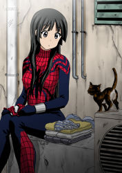 Rule 34 | 1girl, :o, akiyama mio, animal, animal ears, animal print, black eyes, black hair, blush, bodysuit, bra, unworn bra, breasts, building, cat, cat ears, cat tail, closed mouth, clothes, cosplay, costume, eye contact, facing another, fan, folded clothes, grey eyes, halterneck, hime cut, holding, holding mask, industrial pipe, iteza a, k-on!, long hair, long sleeves, looking at another, looking to the side, machinery, marvel, mask, unworn mask, may parker, medium breasts, multicolored clothes, outdoors, panties, unworn panties, parted lips, sidelocks, sitting, smoking pipe, solo, spider-girl, spider-man, spider-man (cosplay), spider-man (series), spider print, standing, tail, underwear, upper body, ventilation shaft, wall