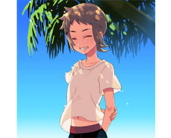 Rule 34 | 1boy, arms behind back, bad id, bad pixiv id, black pants, blush, brendan (pokemon), brown hair, closed eyes, commentary request, creatures (company), day, game freak, grin, lowres, male focus, nintendo, outdoors, pants, pillarboxed, pokemon, pokemon oras, shirt, short hair, short sleeves, sky, smile, solo, t-shirt, teeth, tree, xichii