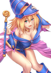 Rule 34 | 1girl, :d, adjusting clothes, adjusting headwear, armpits, bare shoulders, blonde hair, blue footwear, blush stickers, boots, breasts, choker, cleavage, collarbone, dark magician girl, duel monster, green eyes, hair between eyes, hat, holding, holding staff, large breasts, long hair, looking at viewer, matsunaga garana, open mouth, pentacle, showgirl skirt, smile, solo, staff, wizard hat, yu-gi-oh!