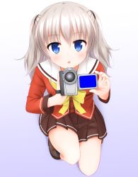 Rule 34 | 10s, 1girl, bad id, bad pixiv id, blue eyes, blush, camcorder, charlotte (anime), faubynet, gradient background, highres, long hair, long sleeves, looking at viewer, pleated skirt, school uniform, serafuku, silver hair, skirt, solo, squatting, tomori nao, two side up, video camera