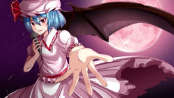 Rule 34 | 1girl, absurdres, bat wings, blouse, blue hair, breasts, collared shirt, commentary request, cowboy shot, frilled shirt, frilled shirt collar, frilled sleeves, frills, hair between eyes, hat, highres, holding, holding microphone, looking at viewer, mahoro (minase mahoro), microphone, mob cap, moon, open mouth, outstretched arm, outstretched hand, pink hat, pink shirt, pink skirt, puffy short sleeves, puffy sleeves, purple sky, red eyes, red moon, remilia scarlet, shirt, short hair, short sleeves, skirt, sky, small breasts, solo, touhou, wings