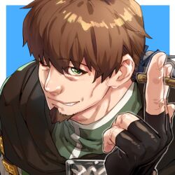 Rule 34 | 1boy, bara, between fingers, black gloves, blue background, blue ribbon, border, brown cape, brown hair, cape, cheekbones, facial hair, fate/grand order, fate (series), fingernails, gloves, goatee, green eyes, green tunic, grin, hector (fate), holding, imoda, male focus, mature male, one eye closed, ribbon, smile, smoking, solo, white border