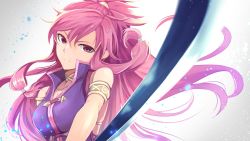 Rule 34 | 1girl, armlet, bare shoulders, closed mouth, fire emblem, fire emblem: the sacred stones, highres, holding, holding sword, holding weapon, long hair, marisa (fire emblem), nakabayashi zun, nintendo, ponytail, purple eyes, purple hair, simple background, sleeveless, solo, sword, weapon, white background