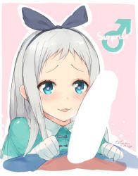 Rule 34 | 2boys, :3, :d, black bow, blank censor, blend s, blue eyes, blush, bow, catchphrase, censored, dated, english text, erection, gloves, green jacket, hair bow, hairband, heart, heart-shaped pupils, jacket, kanzaki hideri, kuavera, light censor, long hair, looking at penis, male focus, mars symbol, multiple boys, open mouth, penis, penis awe, pink pupils, signature, silver hair, sketch, smile, symbol-shaped pupils, trap, twitter username, white gloves, yaoi