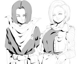 Rule 34 | 1boy, 1girl, android 17, android 18, belt, black hair, bob cut, breasts, closed mouth, cowboy shot, dragon ball, dragonball z, earrings, hand up, highres, hoop earrings, jacket, jewelry, large breasts, looking at viewer, medium hair, miniskirt, monochrome, parted lips, raglan sleeves, rom (20), scarf, siblings, simple background, skirt, smile, standing, twins, white background, white eyes, white hair