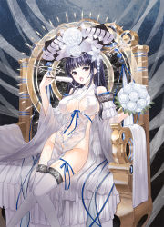 Rule 34 | 1girl, black hair, bouquet, breasts, chun (friendly sky), cleavage, covered erect nipples, flower, kaku-san-sei million arthur, large breasts, long hair, looking at viewer, million arthur (series), navel, open mouth, original, popsicle, red eyes, sexually suggestive, solo, thighhighs