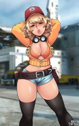 Rule 34 | 10s, 1girl, arms behind head, arms up, belt, blonde hair, blush, bra, breasts, cidney aurum, cleavage, curvy, denim, denim shorts, female focus, final fantasy, final fantasy xv, goggles, green eyes, hat, highres, large breasts, lips, looking at viewer, midriff, mr steak, navel, open mouth, short shorts, shorts, solo, standing, thick thighs, thighhighs, thighs, underwear, wide hips