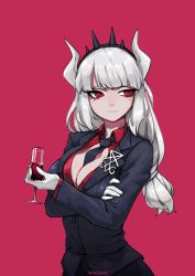 Rule 34 | 1girl, absurdres, artist name, between breasts, black necktie, black pants, breasts, cleavage, commentary request, cup, demon girl, demon horns, demon tail, drinking glass, frown, gloves, helltaker, highres, holding, horns, large breasts, long hair, looking to the side, lucifer (helltaker), mole, mole under eye, necktie, necktie between breasts, pants, popped button, red background, red eyes, red shirt, shirt, simple background, solo, tail, waxgroud, white hair, white horns, wine glass