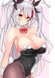 Rule 34 | 1girl, animal ears, azur lane, bare shoulders, black leotard, black ribbon, blush, bow, bowtie, breasts, cleavage, covered navel, detached collar, fake animal ears, hair ribbon, highres, hip focus, large breasts, leotard, long hair, looking at viewer, mole, mole on breast, multicolored hair, orange eyes, pantyhose, parted lips, playboy bunny, prinz eugen (azur lane), rabbit ears, rabbit tail, ribbon, sankakusui, silver hair, solo, streaked hair, swept bangs, tail, two side up, wrist cuffs