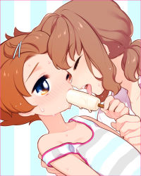 Rule 34 | 2boys, alternate hairstyle, blue eyes, blush, brown hair, closed eyes, food, hair ornament, inazuma eleven (series), inazuma eleven go, licking, male focus, matsukaze tenma, multiple boys, open mouth, sexually suggestive, shindou takuto, tank top, tooru, wink