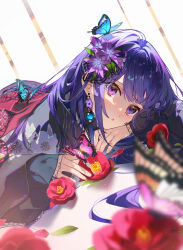 Rule 34 | 1girl, :o, alternate costume, black kimono, bug, butterfly, dutch angle, earrings, fingernails, flower, flower earrings, genshin impact, hair flower, hair ornament, head on arm, highres, insect, japanese clothes, jewelry, kimono, light particles, long hair, looking at viewer, lying, on side, on stomach, purple eyes, purple flower, purple hair, raiden shogun, red flower, red sash, sash, shotgunman, solo, twitter username, upper body, white background