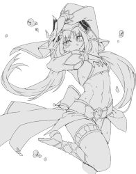 Rule 34 | 1girl, bow, bracer, circlet, dancer, fake horns, genshin impact, gladiator sandals, harem outfit, horns, long hair, long sleeves, minew, monochrome, navel, nilou (genshin impact), puffy long sleeves, puffy sleeves, sandals, smile, sweat, thighlet, toned, twintails, very long hair, water, water drop, white background, white headdress