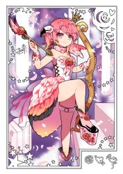 Rule 34 | 1girl, arrow (projectile), bare shoulders, belt, black footwear, bow (weapon), crown, elina (e2n04n), flower, hair ornament, holding, holding arrow, holding bow (weapon), holding weapon, looking at viewer, original, pink hair, skirt, solo, thigh belt, thigh strap, weapon