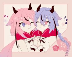 Rule 34 | 2others, :t, bare shoulders, blue eyes, blue hair, braid, character name, cheek-to-cheek, cherry blossoms, closed mouth, collar, collared shirt, commentary, framed image, holding hands, heads together, horns, interlocked fingers, japanese clothes, meika hime, meika mikoto, multiple others, one eye closed, pink eyes, pink hair, red collar, shirt, short eyebrows, sleeveless, sleeveless shirt, thick eyebrows, tuna illust, twintails, upper body, vocaloid, white shirt, wrist cuffs