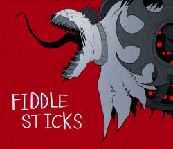 Rule 34 | character name, fiddlesticks, from side, gj gwaeji, highres, league of legends, monster, open mouth, red background, scarecrow, sharp teeth, solo, teeth, tongue, tongue out