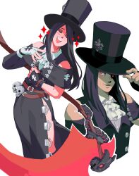 Rule 34 | 1other, adjusting clothes, adjusting headwear, androgynous, ascot, asymmetrical gloves, bare shoulders, black gloves, black hair, black headwear, blood, fingerless gloves, gloves, guilty gear, guilty gear strive, hat, highres, long hair, looking at viewer, other focus, red eyes, scythe, sorrysap, testament (guilty gear), top hat, white ascot, white gloves