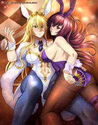 Rule 34 | 2girls, ahoge, artist name, artoria pendragon (all), artoria pendragon (fate), artoria pendragon (swimsuit ruler) (fate), bare shoulders, blonde hair, blush, breasts, rabbit hair ornament, card, cup, drinking glass, fate/grand order, fate (series), fishnets, fur trim, glasses, green eyes, hair ornament, hand on own hip, headband, highres, large breasts, long hair, lying, multiple girls, on person, pantyhose, playboy bunny, purple hair, red eyes, scathach (fate), scathach (fate), sideboob, thigh strap, vilde loh hocen, wine glass