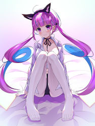 Rule 34 | 1girl, ahoge, animal ears, ass, bare legs, barefoot, bed, bed sheet, black neckwear, black shorts, blue hair, blunt bangs, braid, breasts, cleavage, closed mouth, collarbone, collared shirt, colored inner hair, cqingwei, gradient background, head tilt, headband, highres, hololive, long sleeves, medium breasts, minato aqua, multicolored hair, navel, purple eyes, purple hair, shirt, shorts, simple background, sitting, smile, streaked hair, thighs, twintails, two-tone hair, virtual youtuber, white legwear, white shirt
