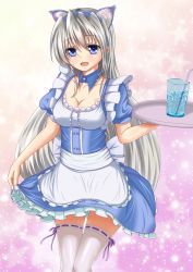 Rule 34 | 00s, 1girl, :d, animal ears, apron, blue eyes, breasts, cat ears, clannad, cleavage, clothes lift, collarbone, cowboy shot, detached collar, dress, frills, grey hair, highres, ice, ice cube, john 117, kemonomimi mode, maid, maid apron, open mouth, ribbon-trimmed legwear, ribbon trim, sakagami tomoyo, skirt, skirt lift, smile, standing, thighhighs, tray, underbust, white thighhighs, zettai ryouiki