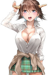 Rule 34 | 1girl, arm up, blue eyes, breasts, brown hair, cameltoe, cleavage, clothes around waist, collarbone, covered erect nipples, green skirt, gyaru, hand up, headgear, hiei (kancolle), hiei kai ni (kancolle), highres, jacket, jacket around waist, kantai collection, large breasts, looking at viewer, no bra, open mouth, panties, panty peek, partially unbuttoned, school uniform, shirt, short hair, skirt, smile, tororo ten, underwear, upper body, white background, white panties, white shirt