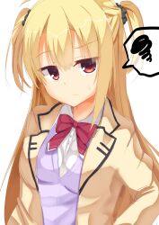 Rule 34 | 1girl, arihara nanami, black scrunchie, blonde hair, bow, bowtie, breasts, closed mouth, commentary, disappointed, frown, furrowed brow, hair between eyes, hair ornament, hair scrunchie, hand on own hip, head tilt, highres, jacket, large breasts, long hair, looking at viewer, open clothes, open jacket, purple sweater vest, red bow, red bowtie, red eyes, riddle joker, school uniform, scrunchie, shirt, sidelocks, simple background, solo, speech bubble, spoken squiggle, squiggle, sweatdrop, sweater vest, two side up, upper body, ushi-chan (usityann), very long hair, white background, white shirt, yellow jacket, yuzu-soft