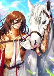 Rule 34 | 1boy, amanna, animal, armor, breastplate, brown eyes, brown hair, buckle, cape, cloud, commentary request, day, fate/grand order, fate (series), floating hair, gauntlets, georgios (fate), hair between eyes, horse, knight, long hair, looking to the side, male focus, open mouth, outdoors, parted lips, petting, shoulder armor, signature, sky, solo, very long hair, white cape, white horse