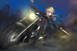 Rule 34 | 1girl, ahoge, artoria pendragon (all), artoria pendragon (fate), blonde hair, excalibur (fate/stay night), fate/zero, fate (series), formal, gloves, green eyes, junreisya, motor vehicle, motorcycle, pant suit, pants, reverse trap, saber (fate), sidelocks, solo, suit, sword, vehicle, weapon, yamaha v-max