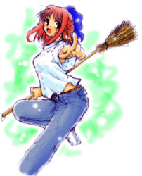 Rule 34 | 00s, 1girl, broom, denim, half updo, jeans, kohaku (tsukihime), pants, red hair, solo, tsukihime, yae shiragi