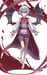 Rule 34 | 1girl, absurdres, alternate costume, barefoot, bat wings, belt, blood, blue hair, bow, capelet, collar, collared shirt, fingernails, frilled sleeves, frills, full body, highres, kawayabug, looking at viewer, nail polish, palms, red eyes, remilia scarlet, sharp fingernails, sharp toenails, shirt, short hair, short shorts, shorts, simple background, slit pupils, solo, toenail polish, toenails, touhou, white background, wings