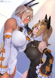 Rule 34 | 2015, 23 (real xxiii), 2girls, against wall, ahoge, blonde hair, blue eyes, breasts, brown hair, china dress, chinese clothes, covered erect nipples, dark-skinned female, dark skin, dated, detached sleeves, dress, drop, dutch angle, fingerless gloves, fur collar, gloves, hand on own hip, hand on own chest, headgear, highres, horns, huge breasts, kabedon, large breasts, licking lips, multiple girls, muscular, original, phantasy star, phantasy star online 2, ribbon, ribbon-trimmed sleeves, ribbon trim, rinna repca, sela (23), shining (series), shining resonance, short hair, sketch, snow, sweat, sweatdrop, toned, tongue, tongue out, ursula (23), yuri