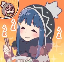 Rule 34 | 2girls, = =, ^ ^, beanie, black headwear, black scarf, blue hair, blush, blush stickers, brown outline, chewing, chibi, chibi inset, chopsticks, closed eyes, closed mouth, dark blue hair, dot nose, eating, eyebrows, eyelashes, facing viewer, fingernails, food, from side, gradient background, hair between eyes, hair ornament, hairclip, hands up, happy, hat, holding, holding chopsticks, holding plate, kagamihara nadeshiko, long sleeves, multiple girls, no nose, orange background, outline, patterned clothing, pink hair, plate, pom pom (clothes), scarf, shima rin, sidelocks, smile, solo focus, sparkle, swept bangs, thick eyelashes, upper body, wavy mouth, white outline, yoru nai, yurucamp