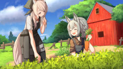 Rule 34 | 2girls, ^ ^, ame., apron, arknights, blonde hair, carol (arknights), carrot, choker, closed eyes, commentary, day, closed eyes, farm, farming, fence, grani (arknights), highres, long hair, multiple girls, outdoors, overalls, ponytail, silver hair, sky, tree