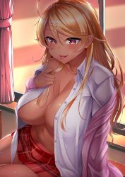 Rule 34 | 1girl, amaryllis gumi, areola slip, bad id, bad twitter id, blonde hair, breasts, cardigan, cleavage, collarbone, commentary, curtains, dress shirt, gradient background, gyaru, highres, indoors, kogal, large breasts, long hair, looking at viewer, miniskirt, navel, no bra, off shoulder, open clothes, open shirt, ouga saki, panties, panty peek, pink background, pink cardigan, pink curtains, pink sweater, plaid, plaid skirt, red eyes, school uniform, see-through, shirt, sitting, skirt, smile, solo, sweater, tomojo, underwear, virtual youtuber, white shirt, window, windowsill, yellow background