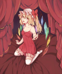 Rule 34 | 1girl, arm support, breasts, cleavage, collarbone, dress, fang, flandre scarlet, hat, highres, kneeling, looking at viewer, mob cap, nail polish, nightgown, on bed, open mouth, outstretched hand, red dress, red eyes, red nails, side ponytail, small breasts, solo, thighhighs, touhou, white thighhighs, wings, yayoi (su misheng)