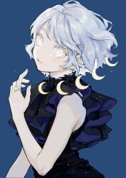 Rule 34 | 1girl, bare shoulders, black dress, blue background, blue hair, commentary, crescent, crying, dress, earrings, floating hair, frilled dress, frills, from side, grey hair, hand up, highres, jewelry, light particles, looking at viewer, looking to the side, makoto (roketto-massyumaro), mole, mole under eye, original, parted lips, ring, short hair, simple background, sleeveless, sleeveless dress, solo, stud earrings, symbol-only commentary, tears, two-sided fabric, yellow eyes