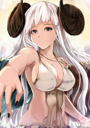 Rule 34 | 1girl, armpits, backlighting, bare arms, bare shoulders, black nails, blue eyes, blunt bangs, breasts, character request, cleavage, closed mouth, collarbone, eyelashes, foreshortening, granblue fantasy, groin, horns, impossible clothes, jewelry, kanzaki kureha, large breasts, lips, long hair, looking at viewer, midriff, nail polish, necklace, outstretched arm, revealing clothes, silver hair, smile, solo, straight hair, upper body, very long hair