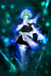 Rule 34 | 1girl, belt, black dress, blonde hair, dress, expressionless, female focus, green eyes, hand on own chin, heterochromia, layered sleeves, long sleeves, looking at viewer, magic, minase (mmakina), mizuhashi parsee, pale skin, parted lips, puffy long sleeves, puffy short sleeves, puffy sleeves, short hair, short over long sleeves, short sleeves, solo, touhou, wading, water