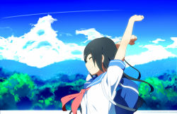 Rule 34 | 1girl, arms up, backpack, bag, black hair, blue sky, cloud, contrail, day, closed eyes, forest, nature, neckerchief, ogipote, original, school bag, school uniform, serafuku, short sleeves, sky, smile, solo, stretching, upper body